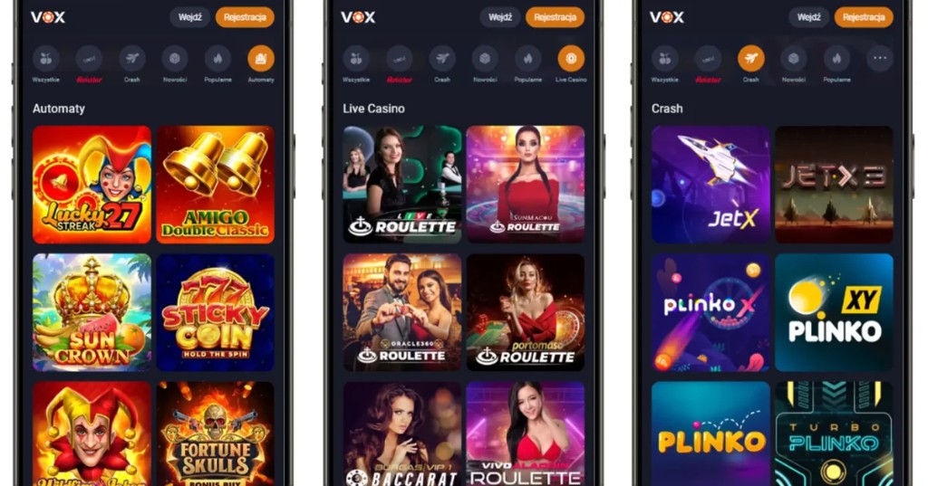 Mobile Lobby von VOX Casino: Spielautomaten, Live Casino und Crash